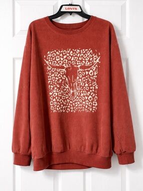Western Cow Skull Graphic Ribbed Top Brown Cozy Boho Cowgirl M